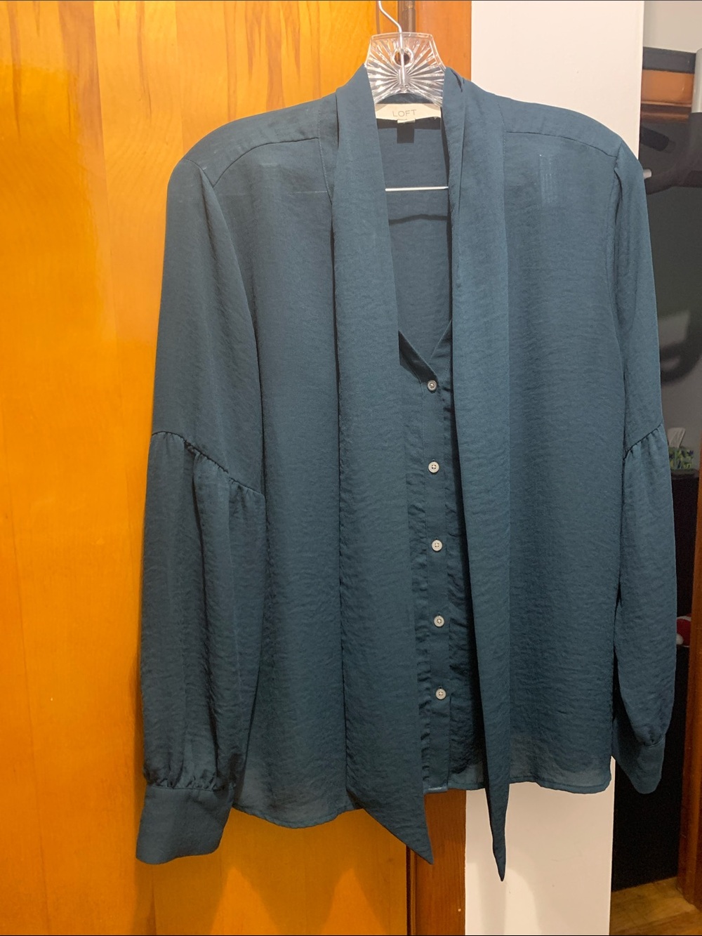 LOFT Teal-Blue Button-Down Shirt with Neck Scarf
